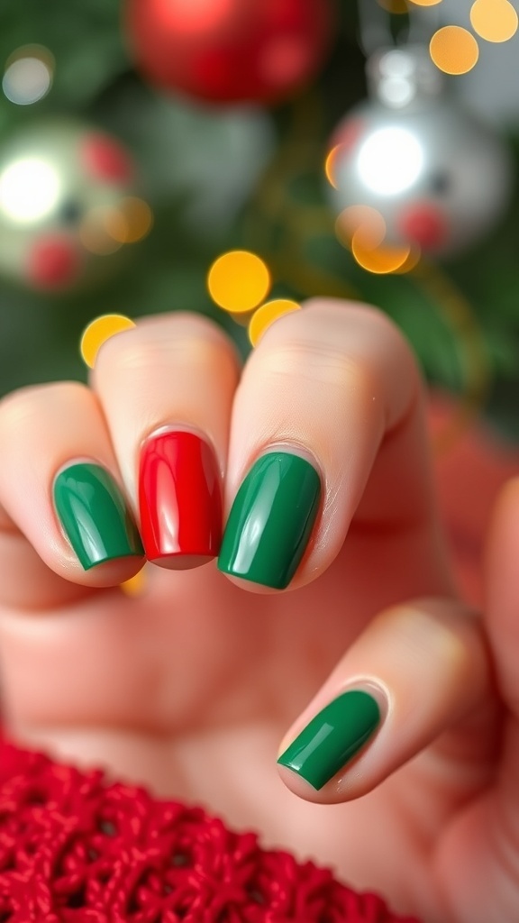 Simple short Christmas nails in red and green colors, neatly manicured.